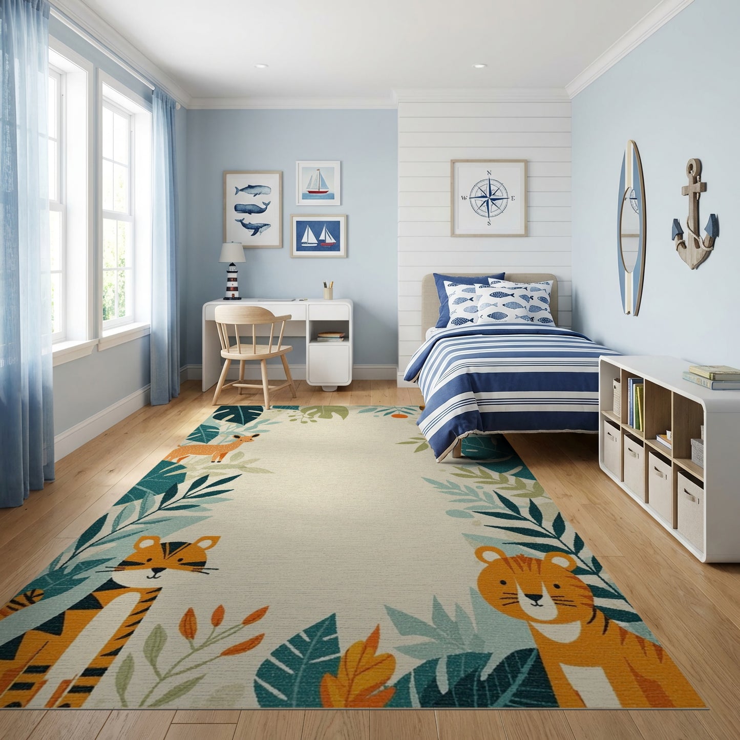 Playful Orange Tigers Deer Leafy Jungle Rug