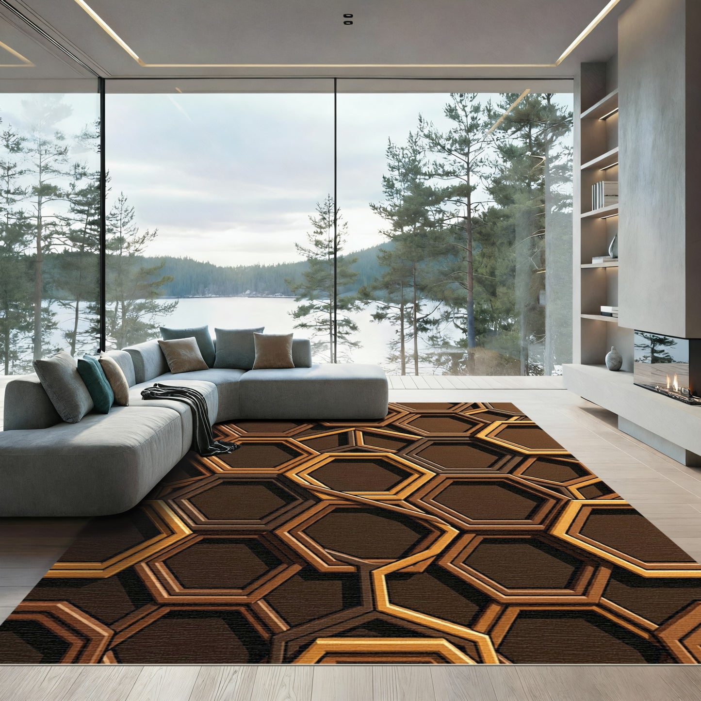 Rich Brown Golden Hexagon Grid Rug