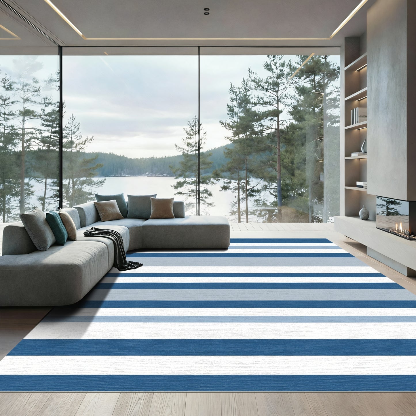 Modern Blue White Horizontal Stripe Rug