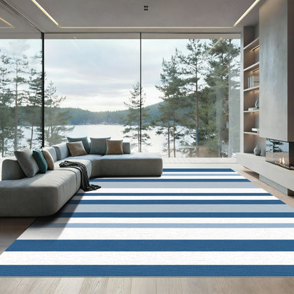 Modern Blue White Horizontal Stripe Rug