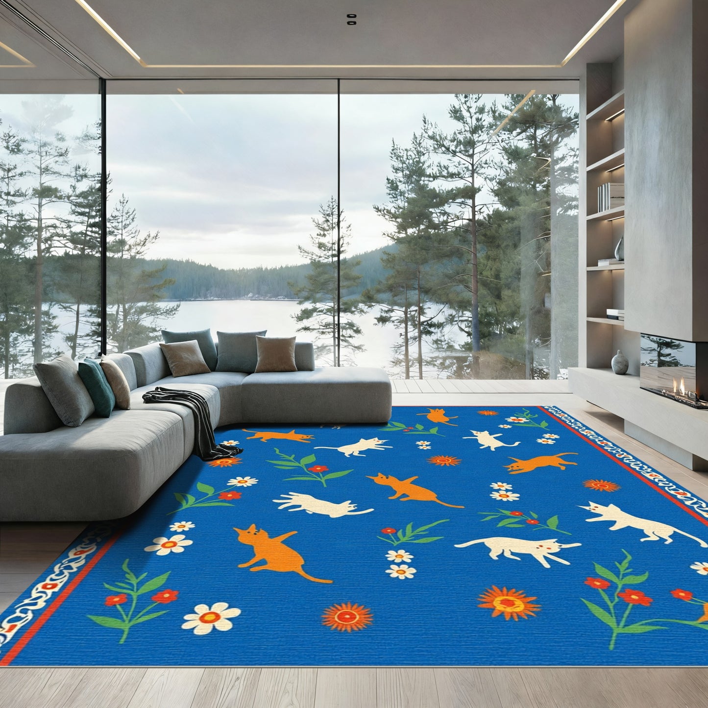 Vibrant Blue Playful Kittens Floral Garden Rug