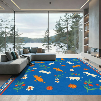 Vibrant Blue Playful Kittens Floral Garden Rug