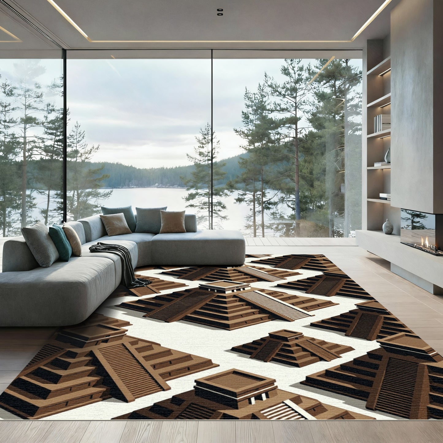 Isometric Brown Mayan Pyramid Step Rug