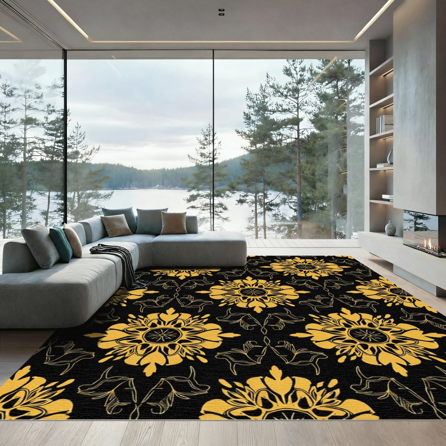 Golden Floral Mandala Black Ornament Rug