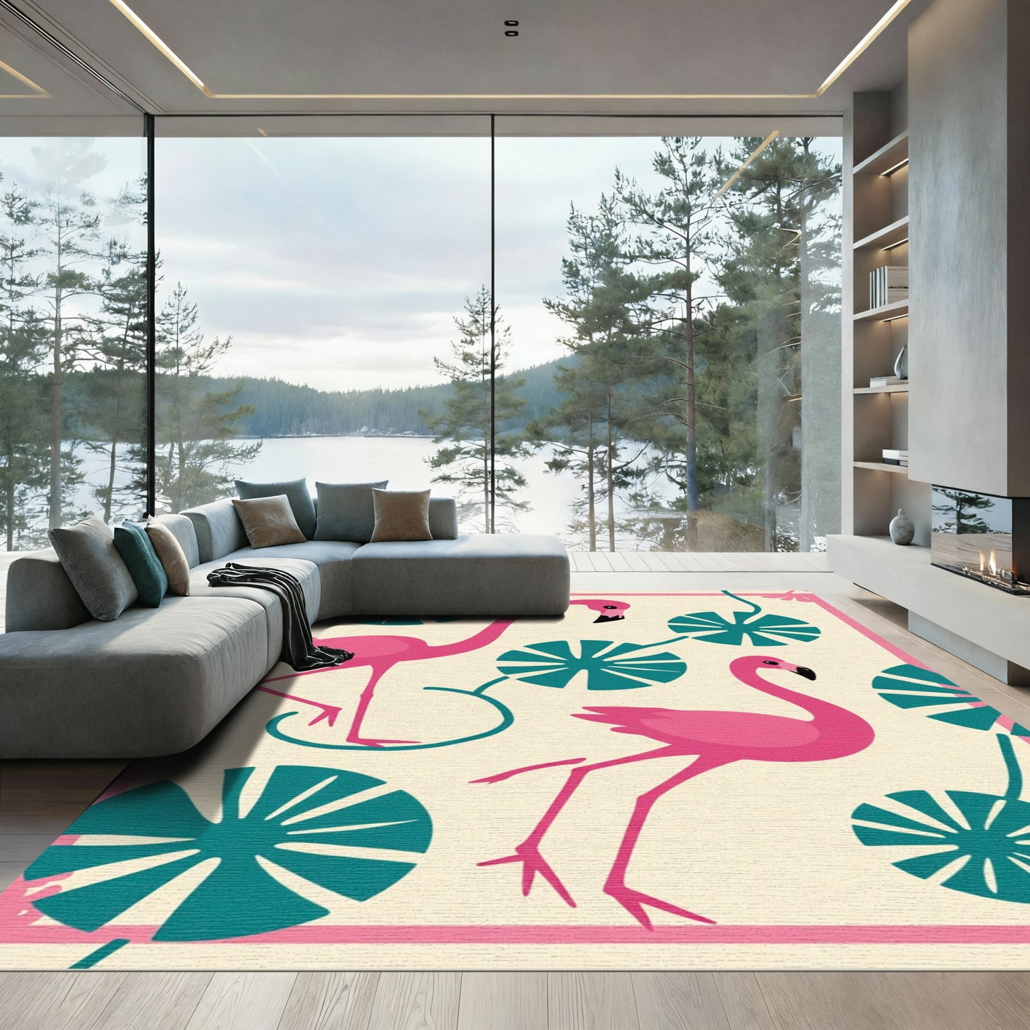 Pink Flamingos Teal Lotus Blossom Rug