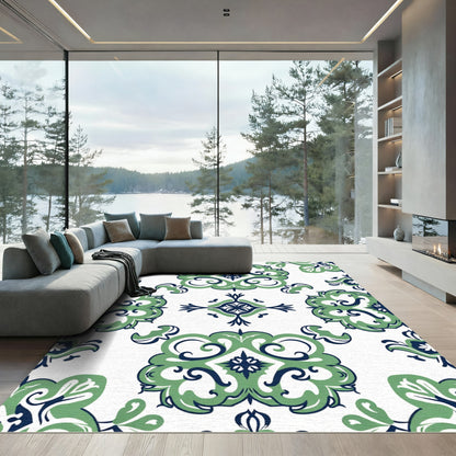 Green Blue Floral Scroll Medallion Rug