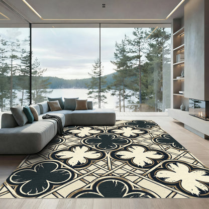 Gothic Black and Cream Quatrefoil Grid Rug