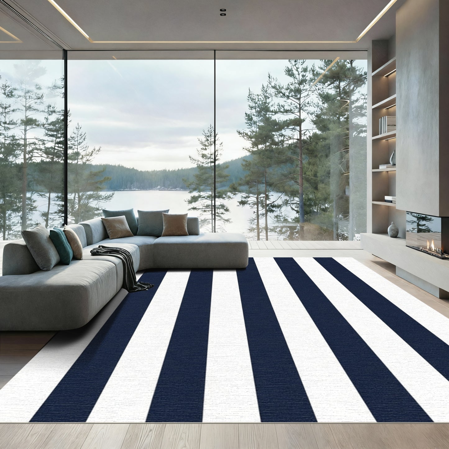 Bold Navy White Vertical Stripe Rug