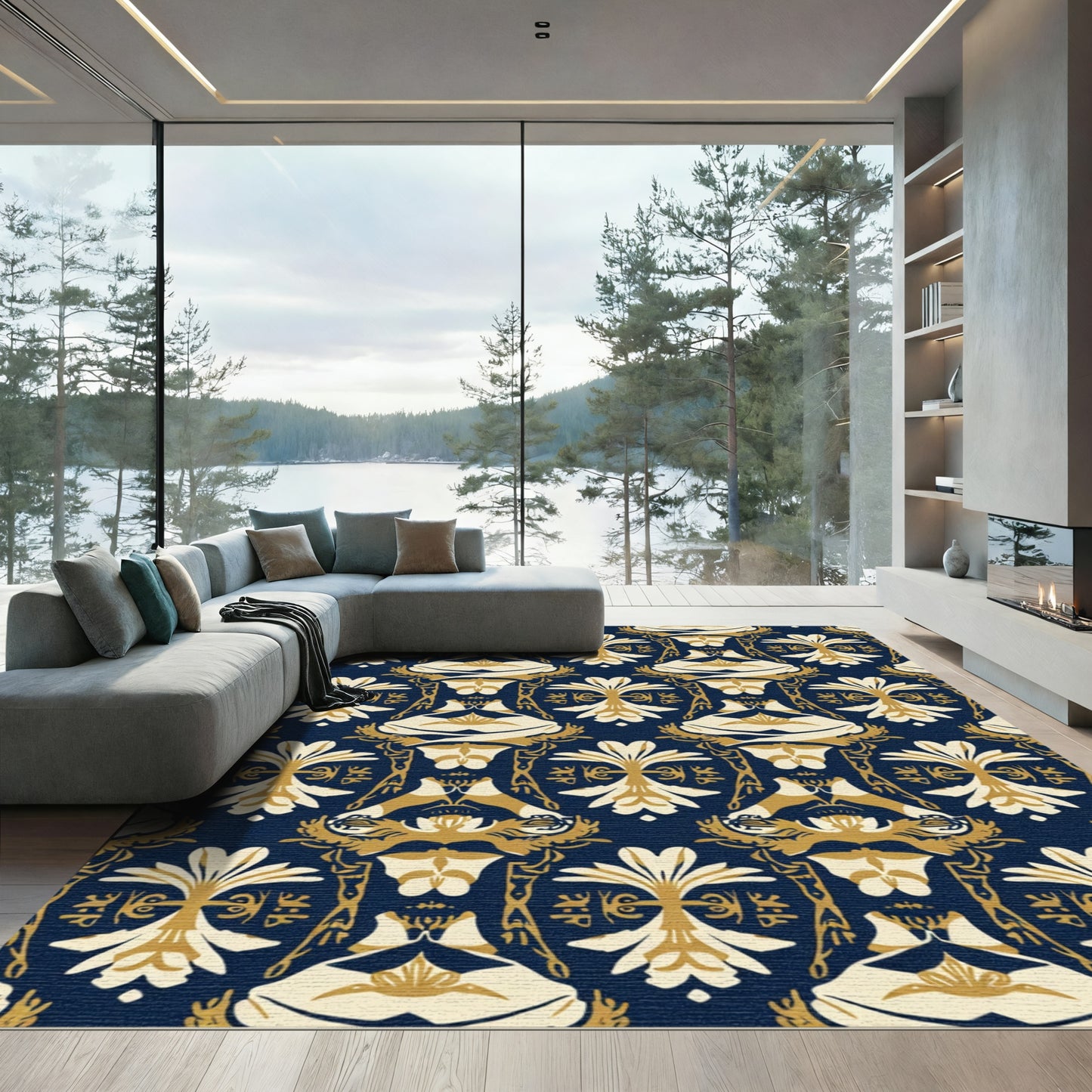 Navy and Gold Art Nouveau Floral Rug