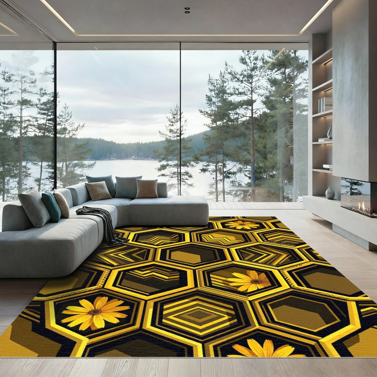Gold Geometric Hexagon Floral Bee Home Rug