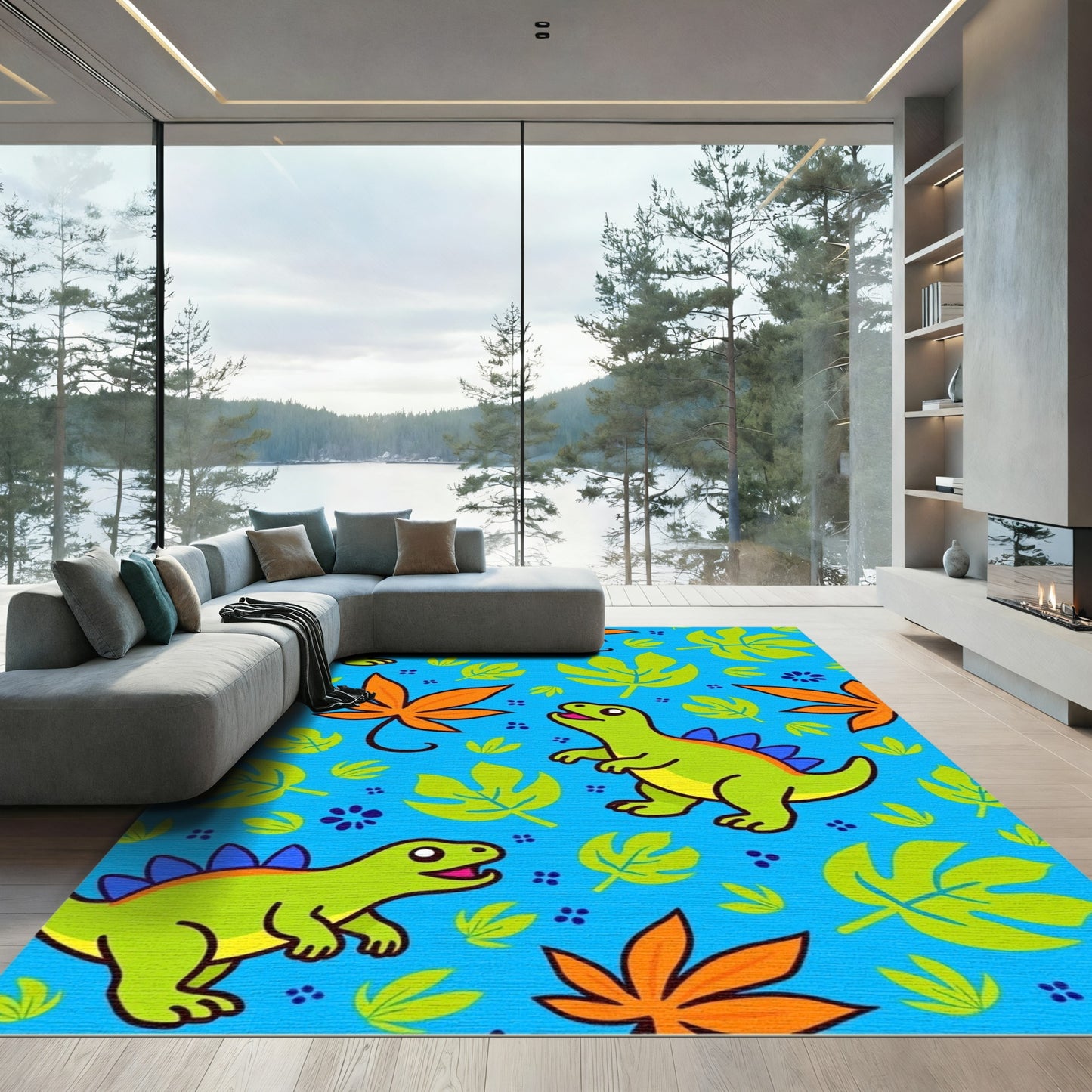 Cute Green Dinosaurs Tropical Foliage Rug