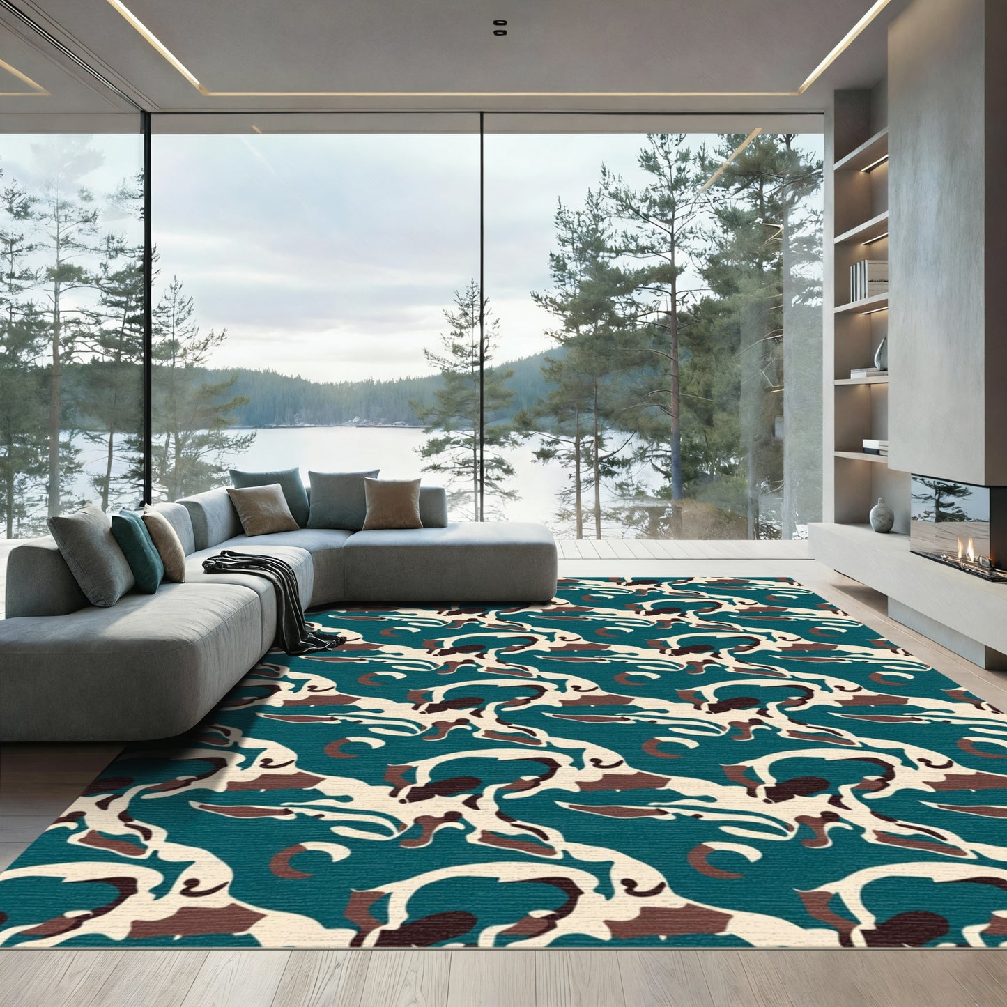 Teal Abstract Organic Camouflage Rug