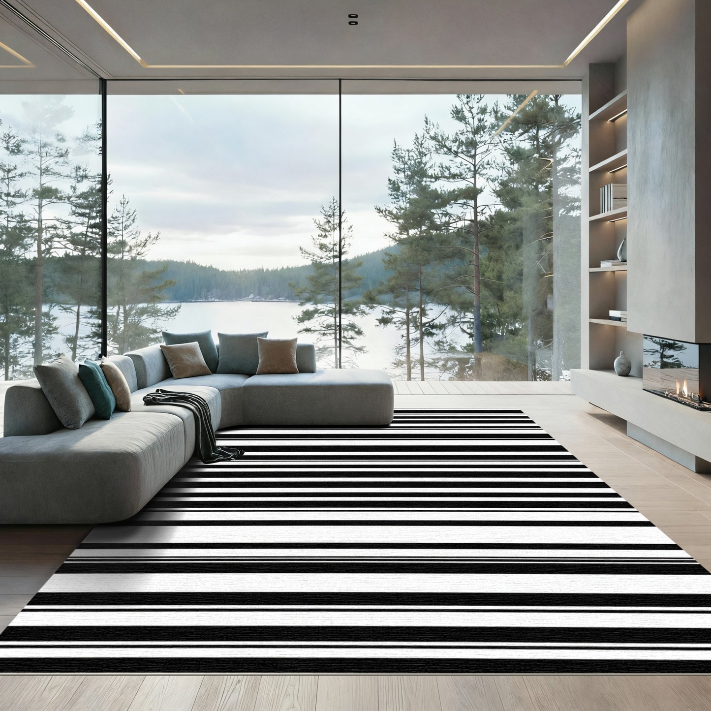 Bold Black White Linear Banding Rug