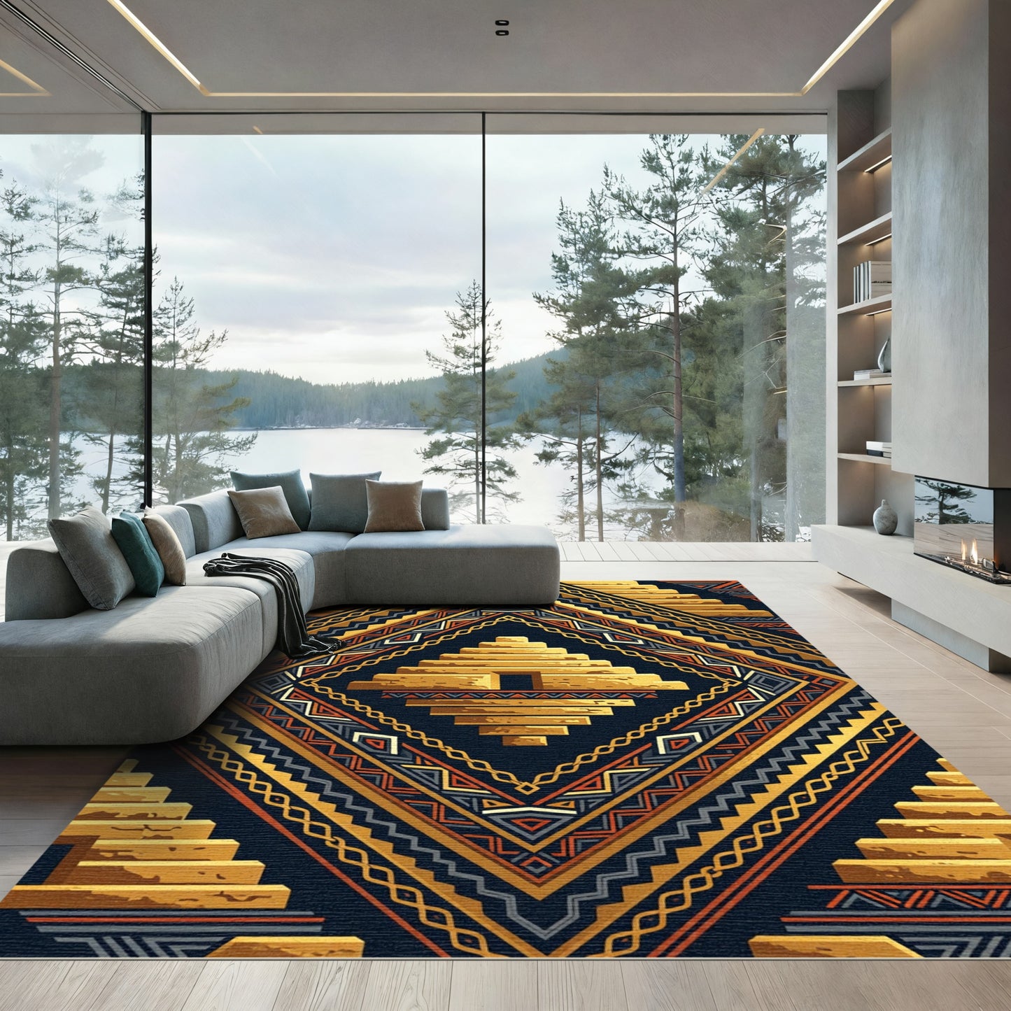 Gold Aztec Geometric Pyramid Stair Rug