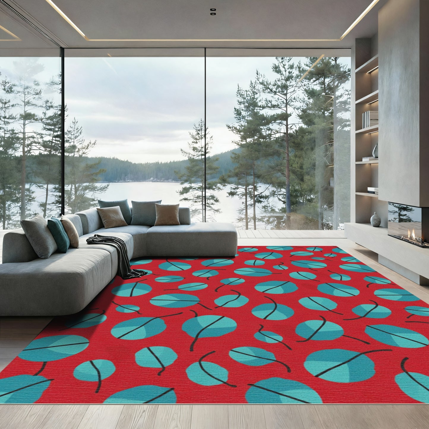 Red Teal Scattered Leaf Pattern Rug