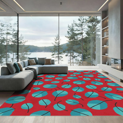 Red Teal Scattered Leaf Pattern Rug