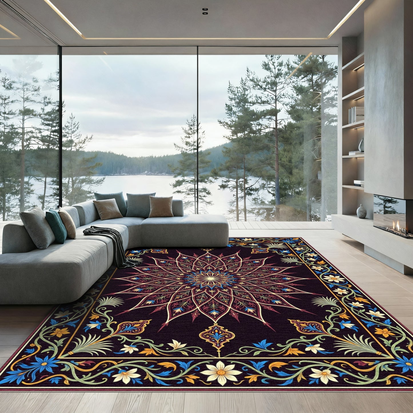Royal Black Floral Mandala Medallion Rug