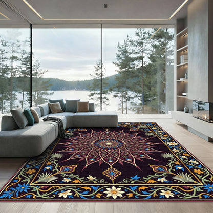 Royal Black Floral Mandala Medallion Rug
