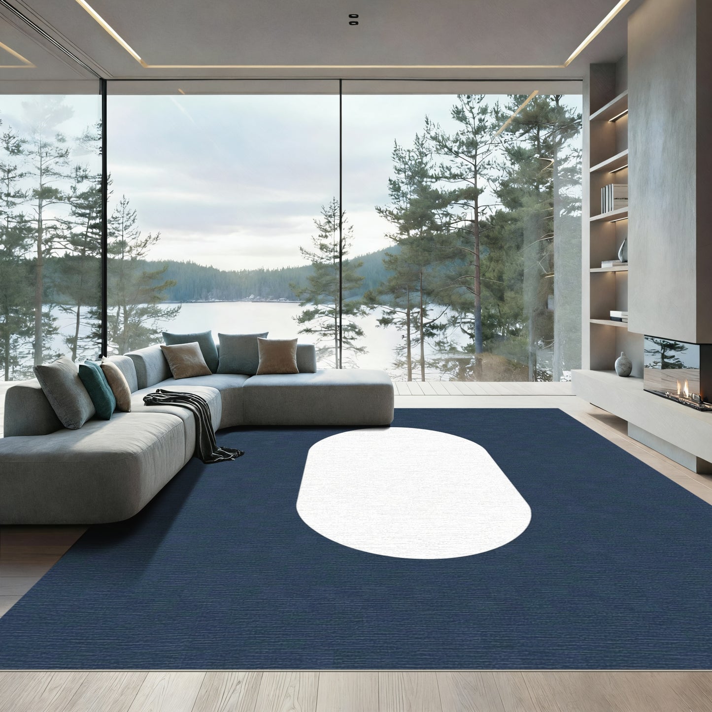 Minimalist White Capsule Dark Blue Rug