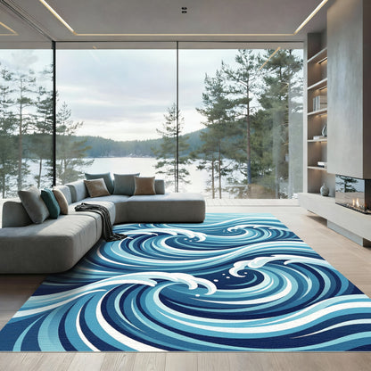 Cerulean Abstract Rolling Ocean Wave Rug