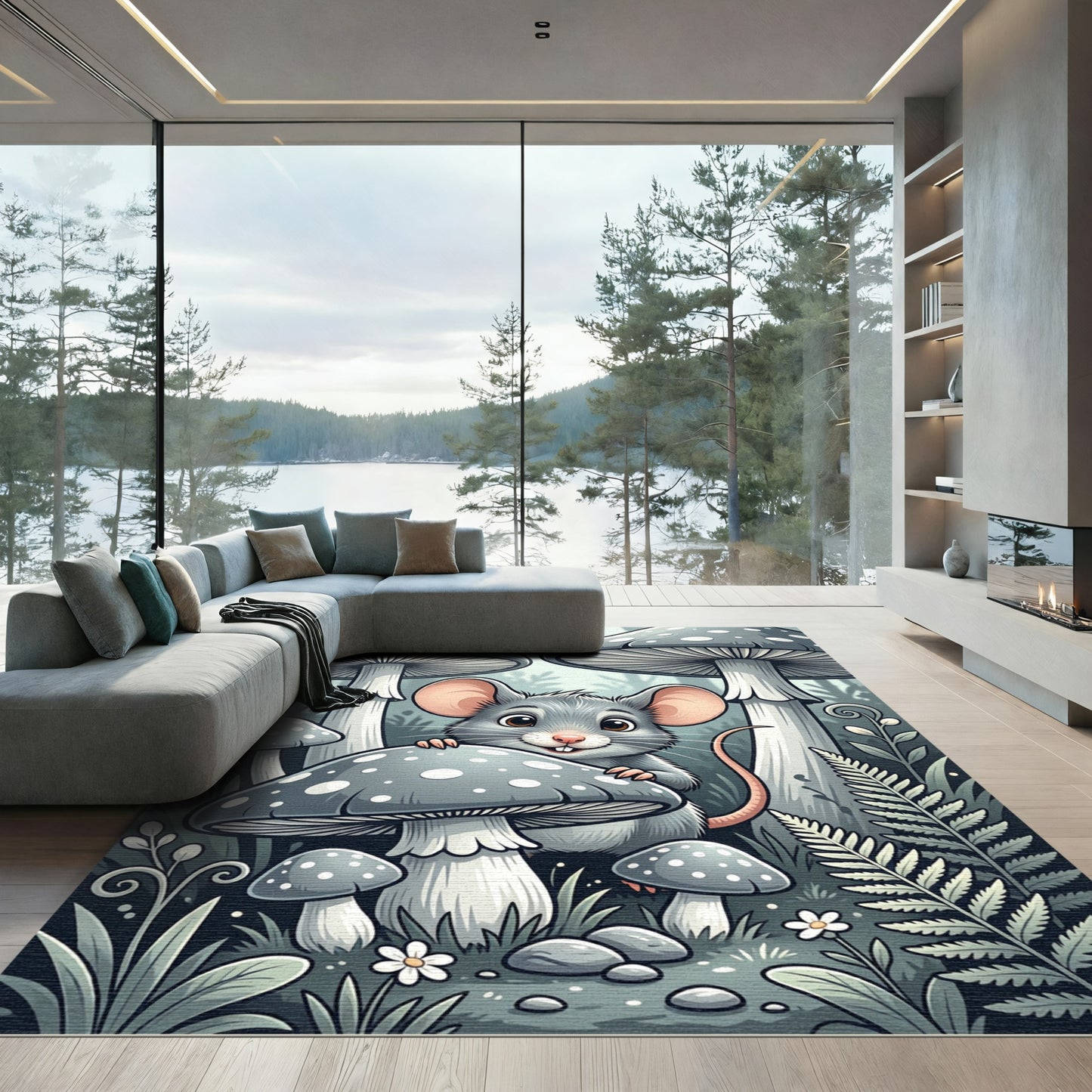Whimsical Gray Mouse and Mushroom Forest Rug