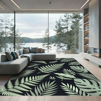 Lush Tropical Foliage on Black Rug