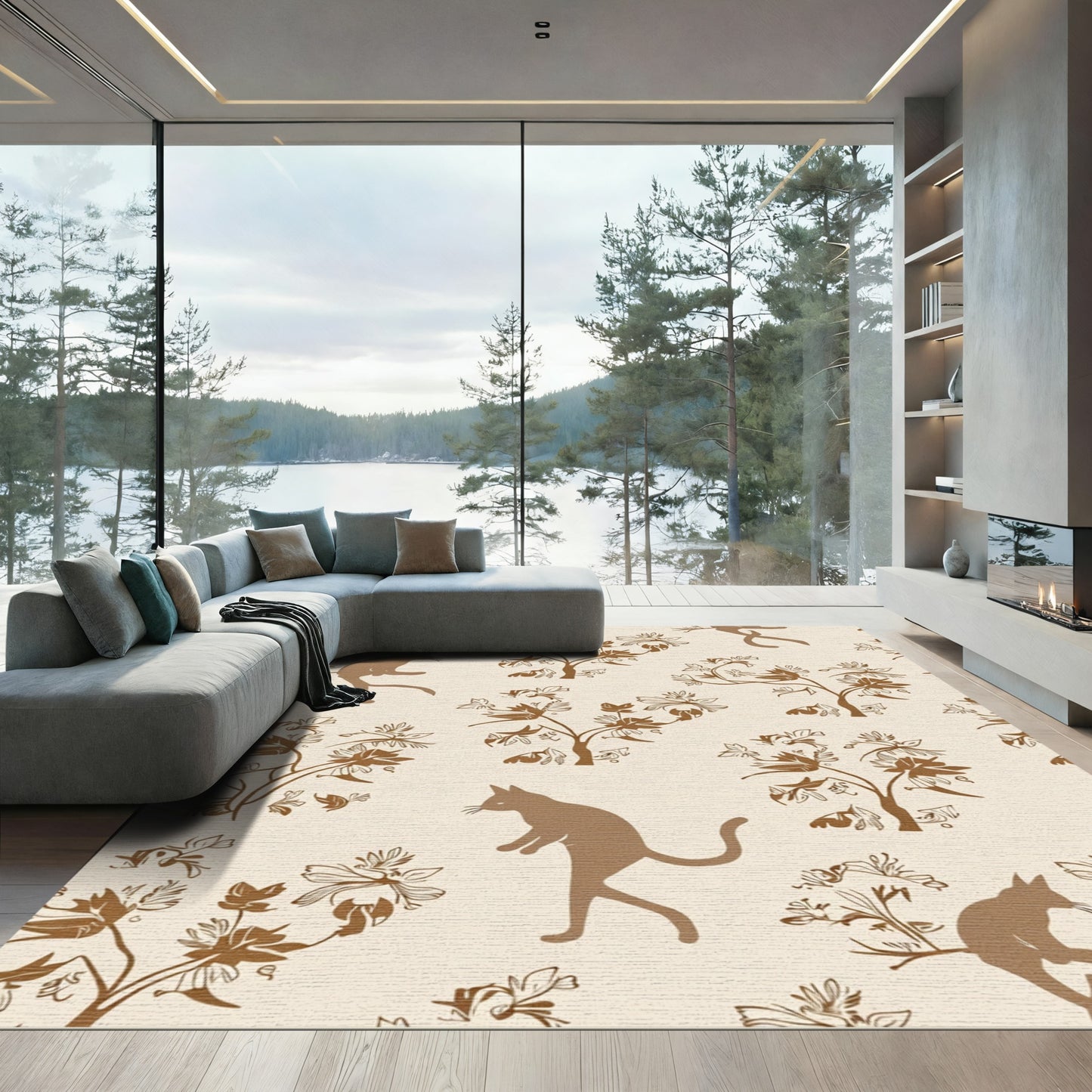 Brown Cats And Whimsical Floral Branches Rug