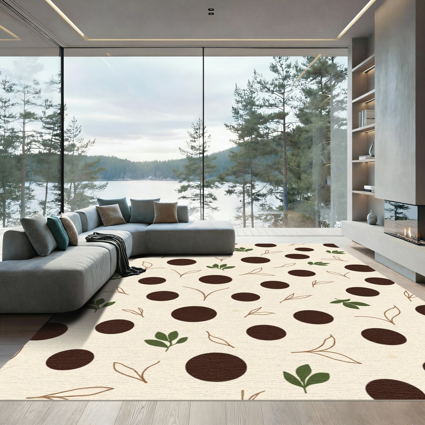Creamy Brown Polka Dot Leaf Rug
