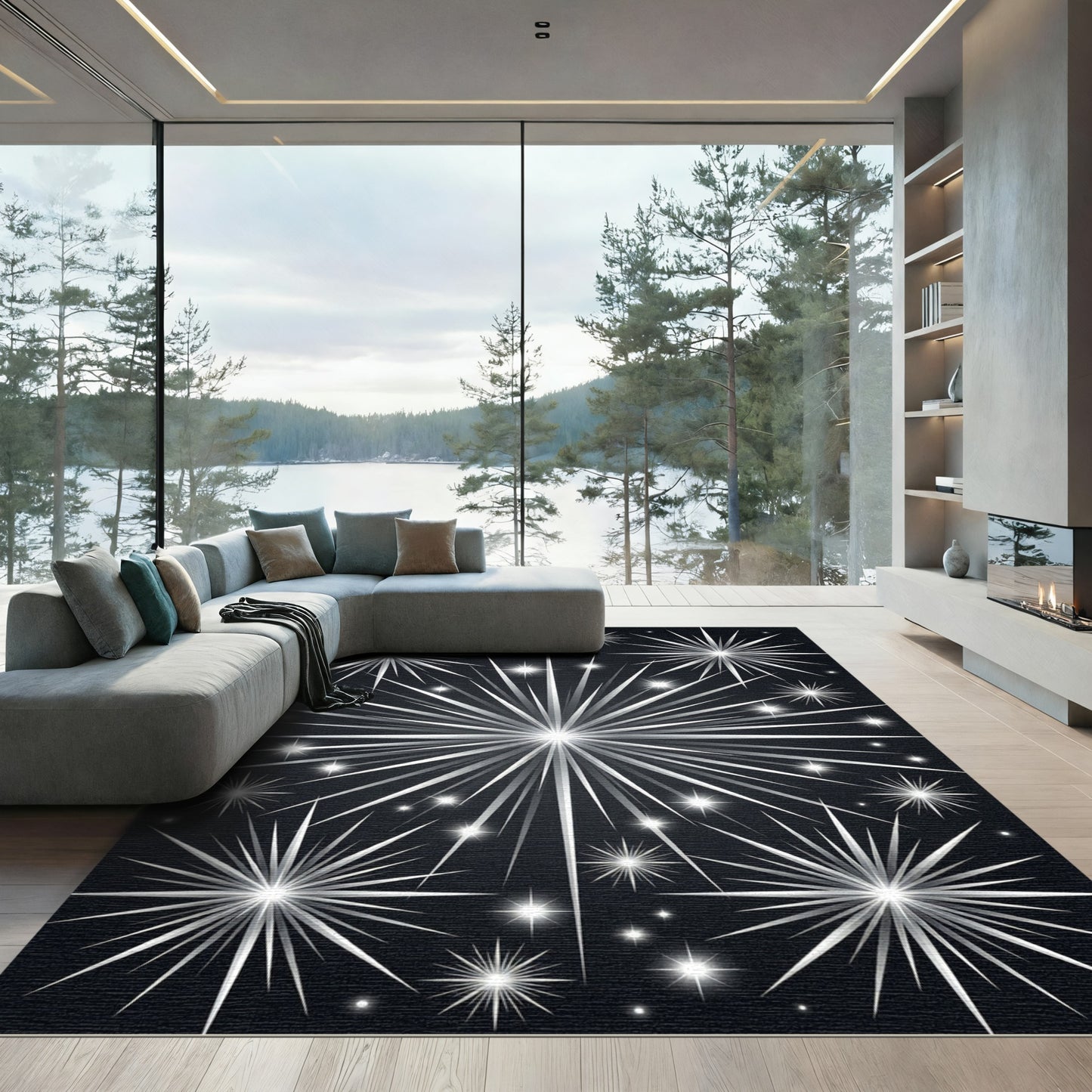 Monochromatic Silver Radiant Sunburst Sky Rug