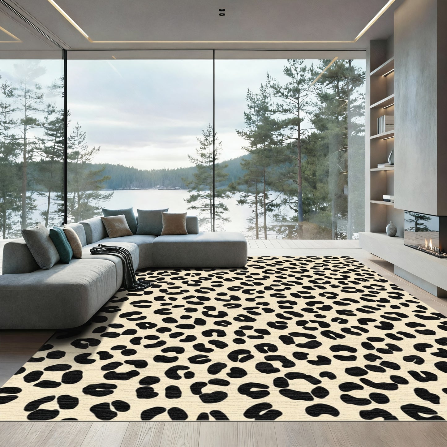 Cream Black Leopard Spots Rug