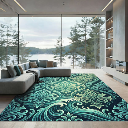 Elegant Teal Damask Scroll Arched Tile Rug
