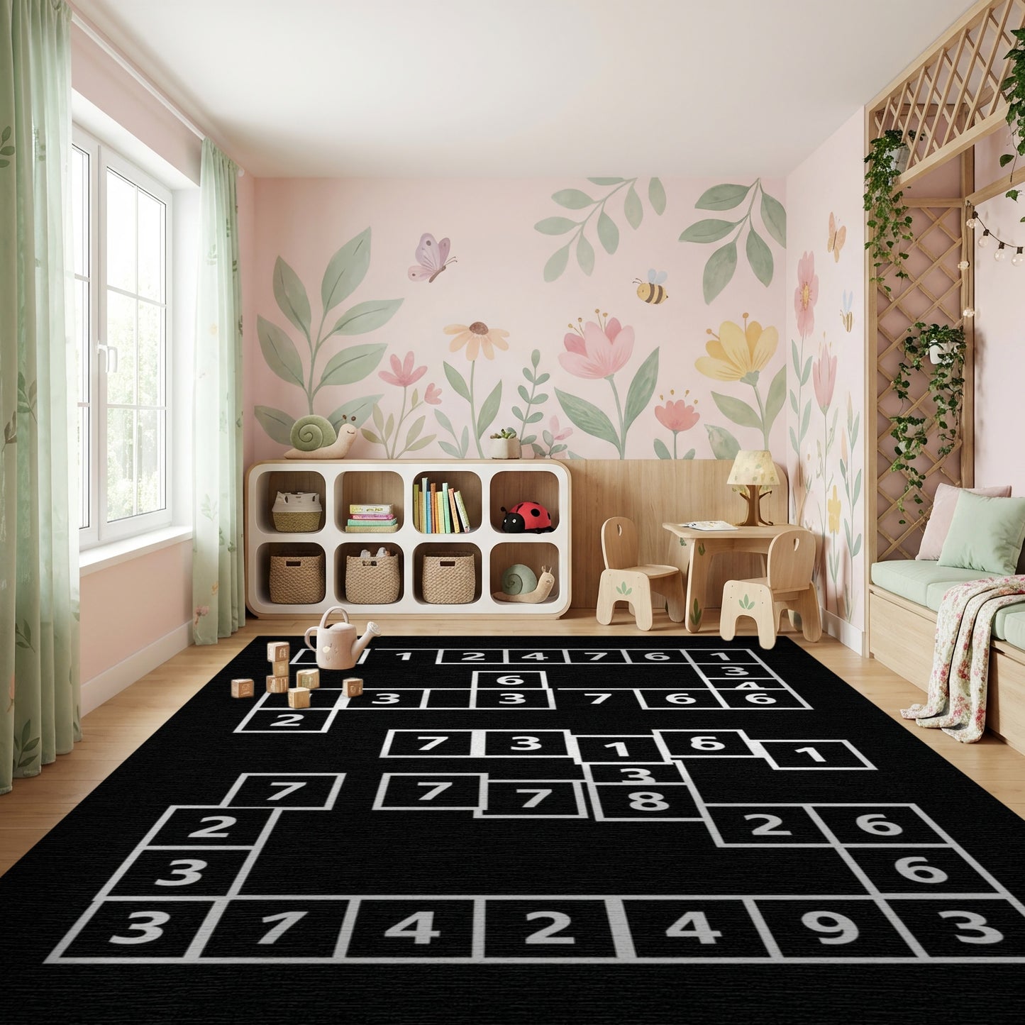 Modern Black White Numeric Grid Rug