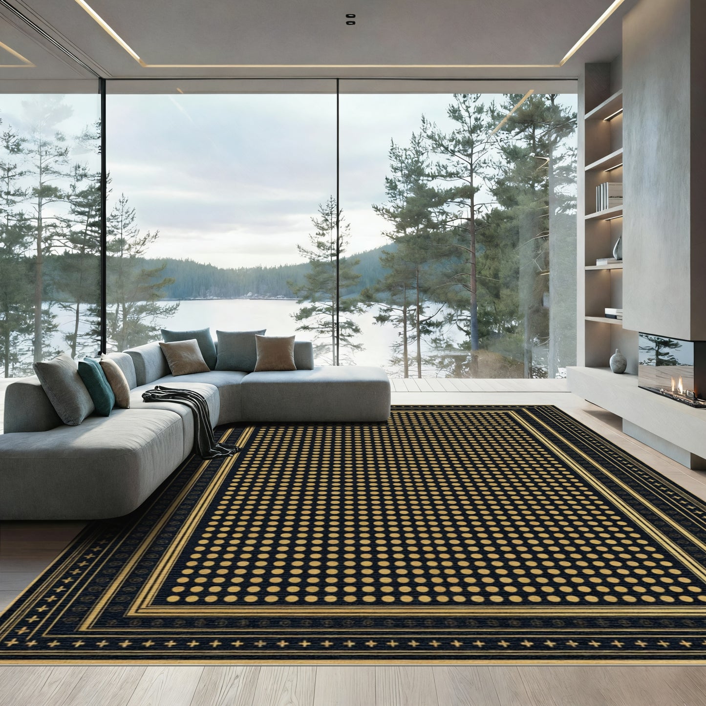 Gold Dot Bordered Black Area Rug