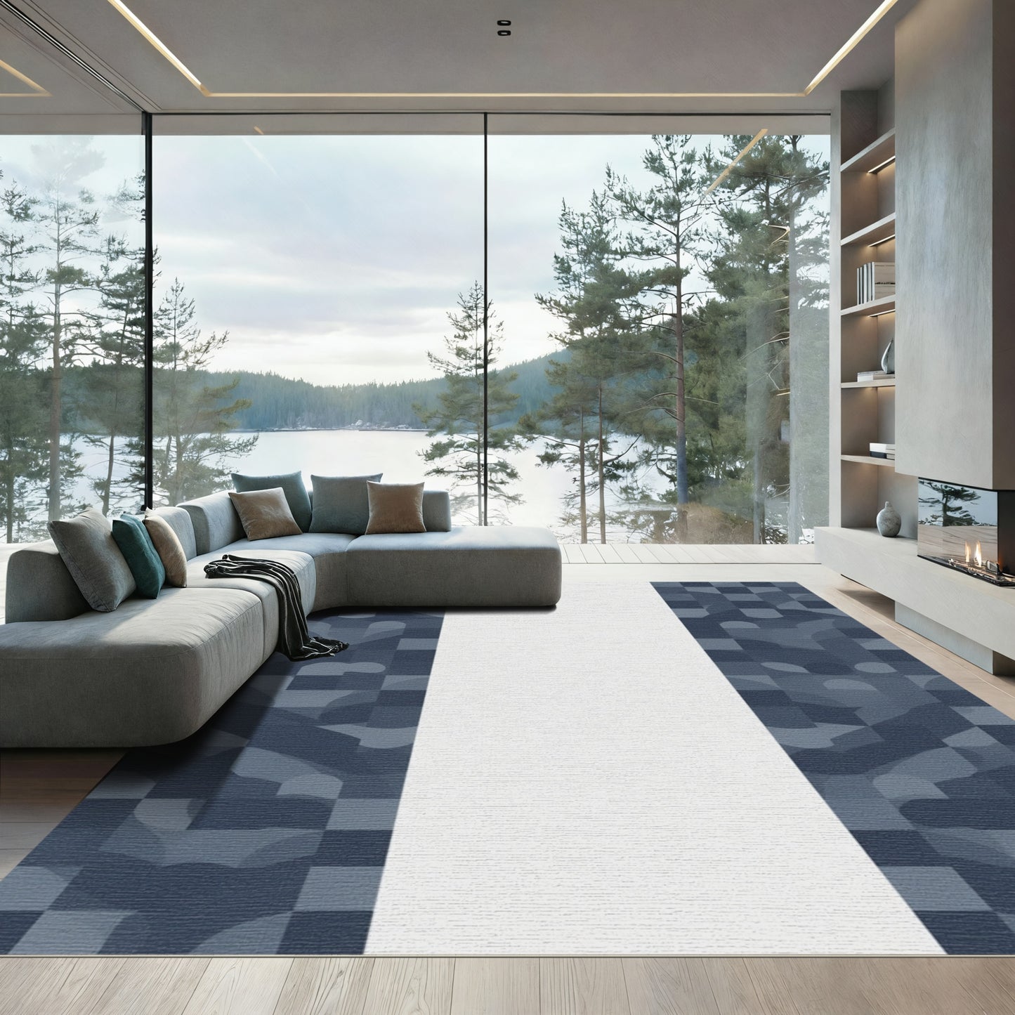 Deep Blue Geometric Abstract Panel Rug