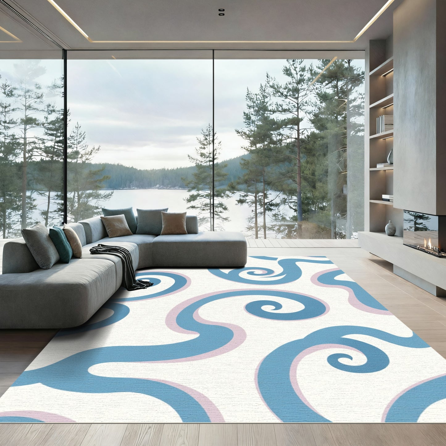 Blue Swirls on Cream Background Rug