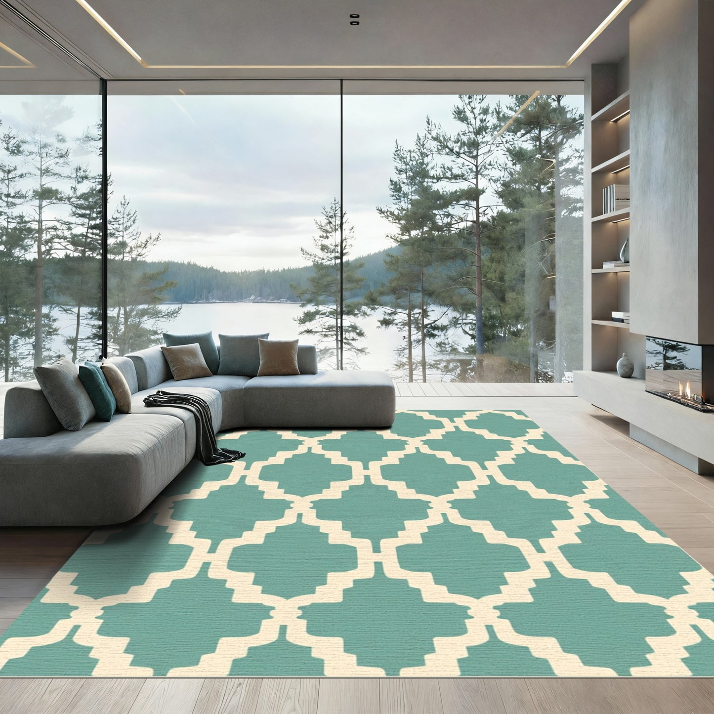 Teal Cream Arabesque Lattice Rug