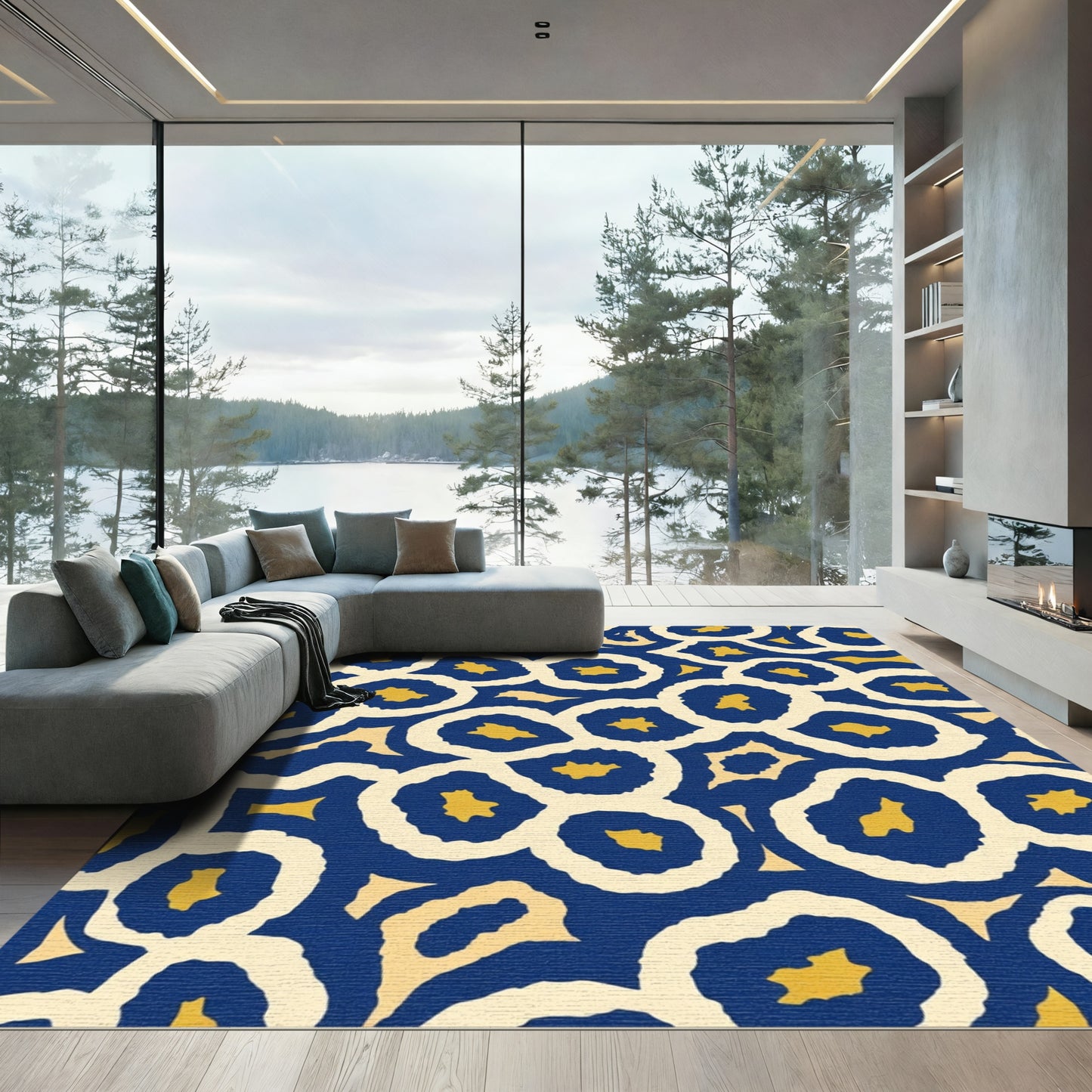 Blue Yellow Abstract Ring Composition Rug