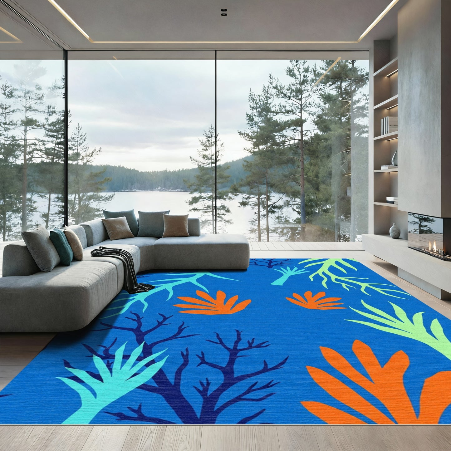 Bright Orange Coral Abstract Branch Rug