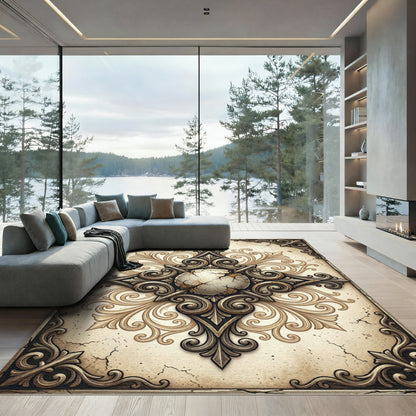 Antique Beige Cracked Stone Filigree Medallion Rug