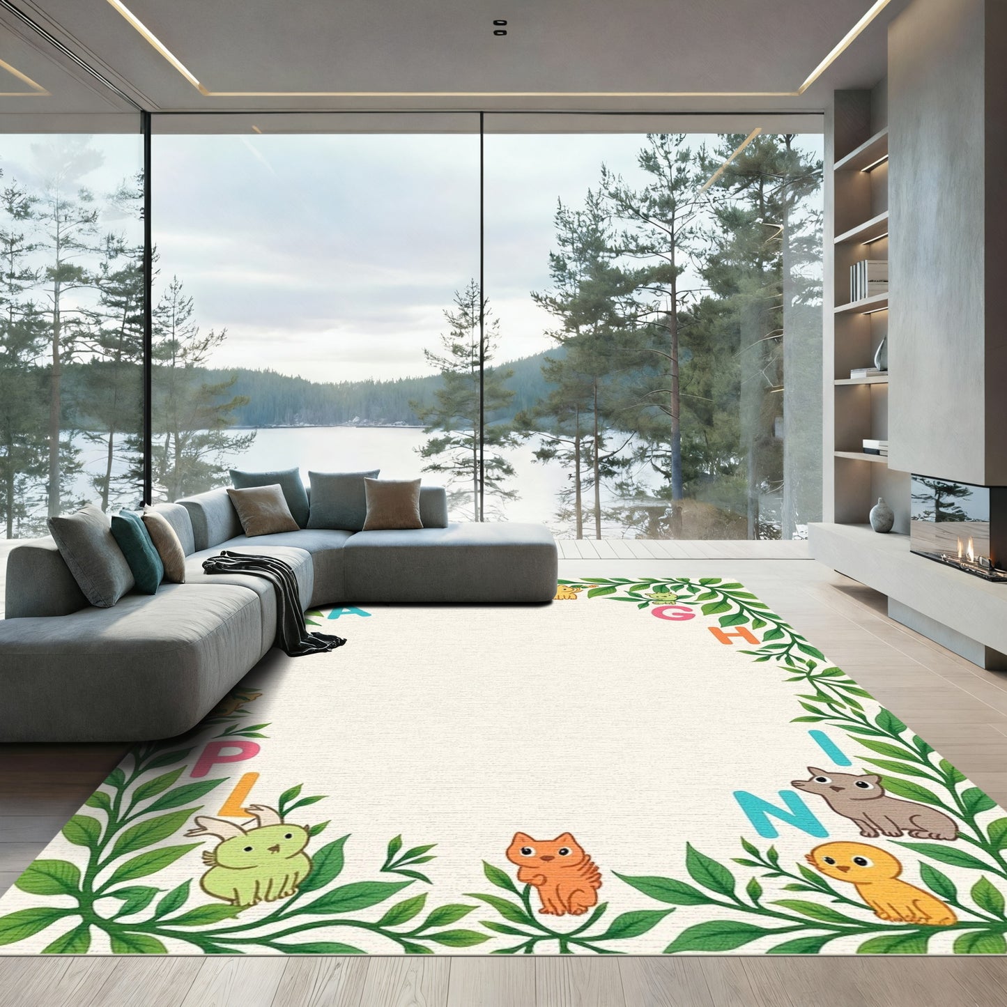 Playful Animals and Letters Botanical Frame Rug