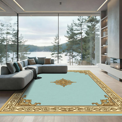Golden Scroll Medallion Light Blue Rug