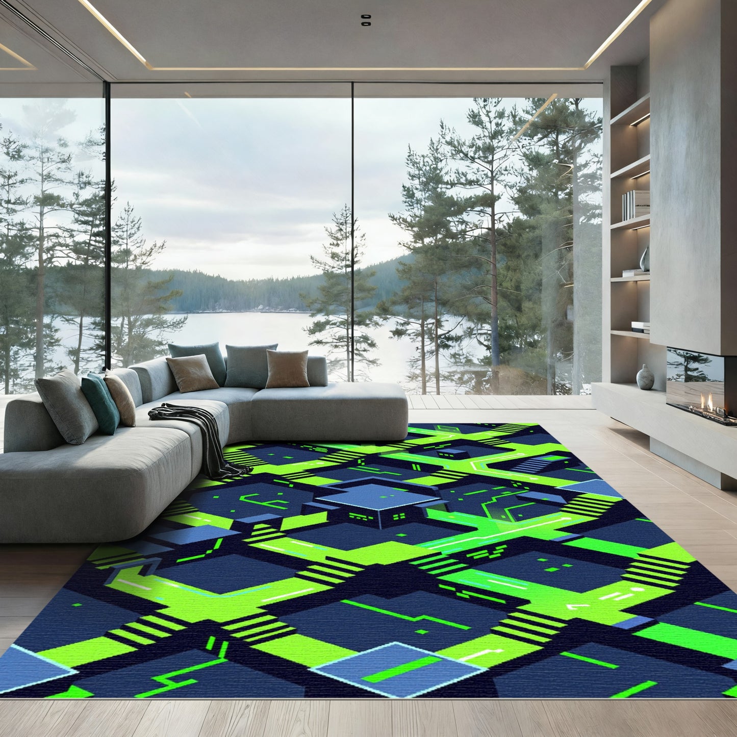 Neon Cybernetic Isometric Staircase Grid Rug