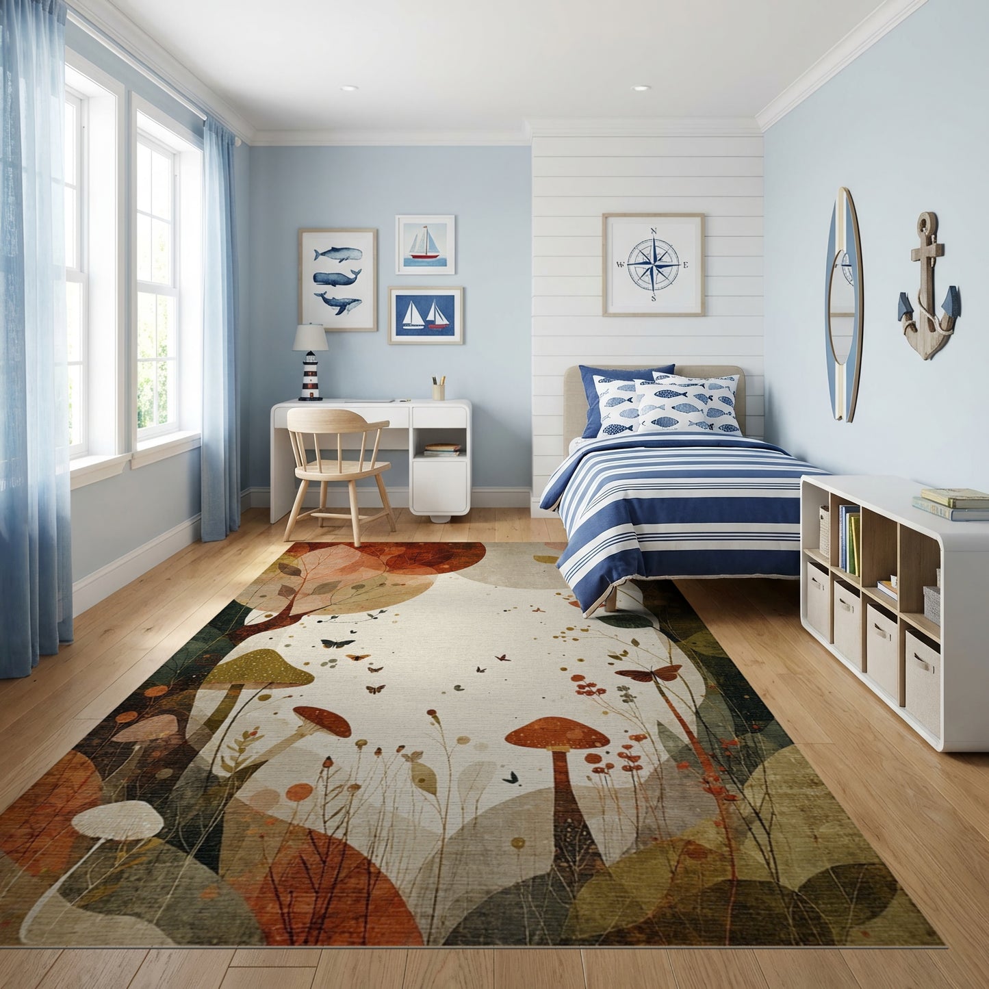 Autumn Whimsical Mushroom Leaves Butterflies Rug