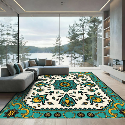 Teal Yellow Floral Medallion Border Rug