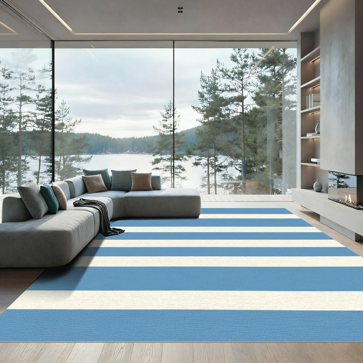 Bold Aqua Cream Horizontal Bands Rug