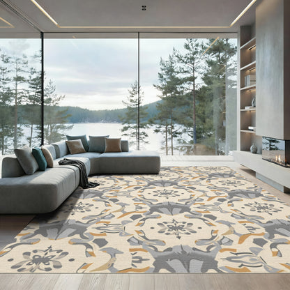 Cream and Gray Stylized Floral Medallion Rug