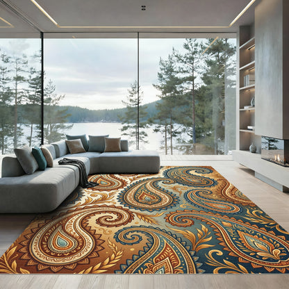 Earthy Blue and Gold Paisley Swirls Rug