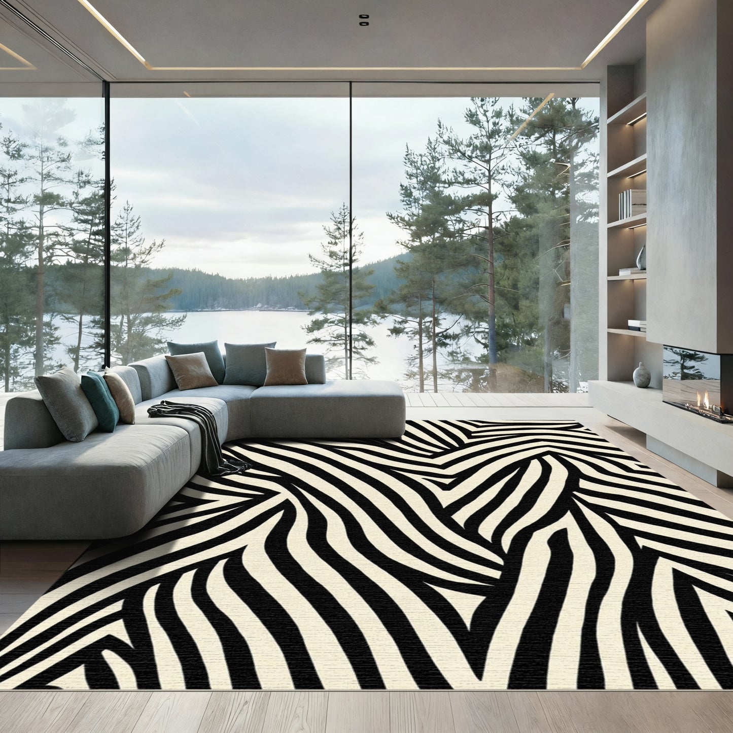 Cream Black Abstract Faux Zebra Strips Rug
