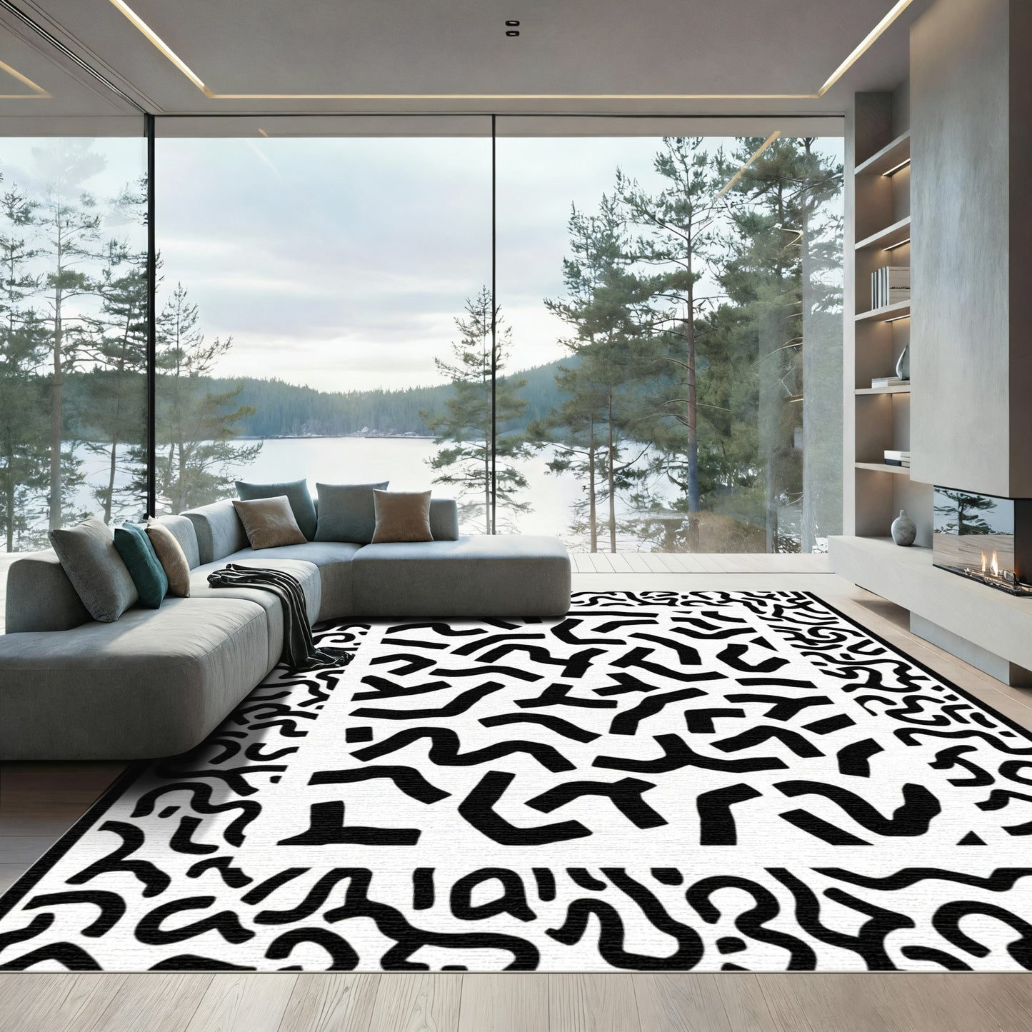 Retro Black White Organic Swirls Rug