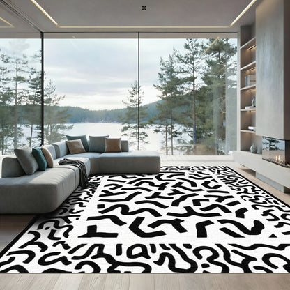 Retro Black White Organic Swirls Rug